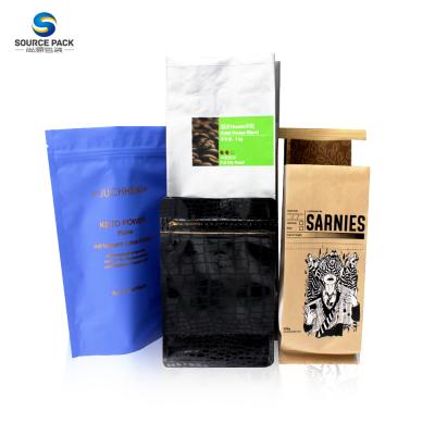 China Factory Food Grade Kraft Paper Coffee Packaging Bag Aluminum Foil Flat Bottom Moisture Proof Coffee Bag With Valve for sale