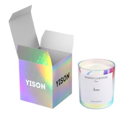 China Handmade custom logo printed iridescent holographic candle boxes personalized candel packaging box for sale