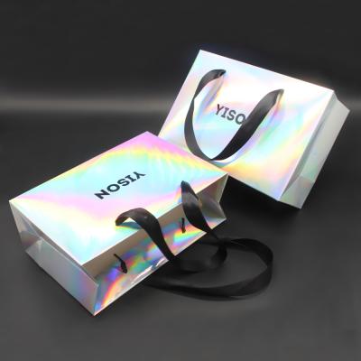 China Handmade Custom Logo Printed Iridescent Holographic Tote Bag And Box Shopping Gift Paper Bags for sale