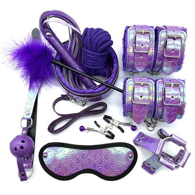 China 10pcs/set Sex Handcuffs Bondage Kits 10pcs/set Rope BDSM Nipple Clamps Shining Feather Whip Collar Sexy Gag For Couples for sale