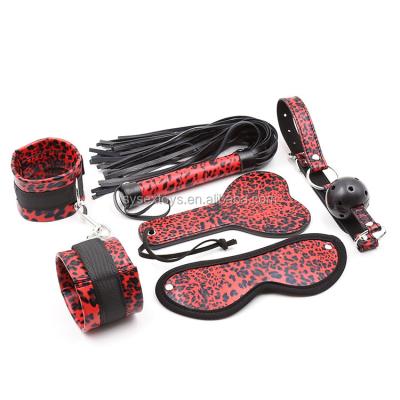 China SM Game Toys 5Pcs/set Sex Bondage Set PU SM Leather Handcuffs Whip Blindfold Mouth Gag Party Sex Toys Erotic Cosplay For Couples for sale