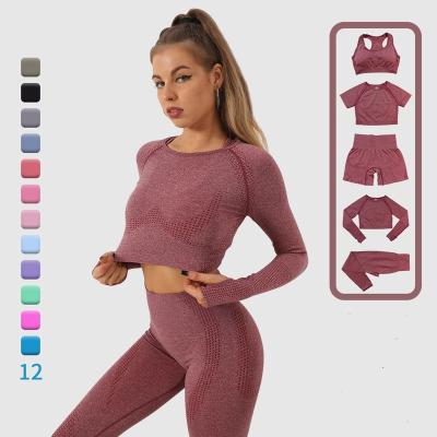 China Breathable and Lightweight Comfortable Sports Suit Breathable Female Five Piece Seamless Yoga Set Fitness Stretch Wear Yoga Shorts Pants for sale