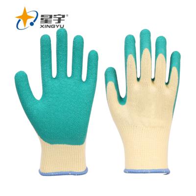 China Xingyu 10G High Grade Polyester Rubber Glove General Purpose Latex Glove Shell Green Latex Crinkle Coating Work Safety Yellow Gloves for sale