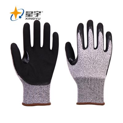 China Joyetech Level 3 Safety Work Gloves Shell Nitrile Coated Reinforce Crotch Xingyu 13G HPPE Cotton Gloves General Purpose and Finger Protection for sale