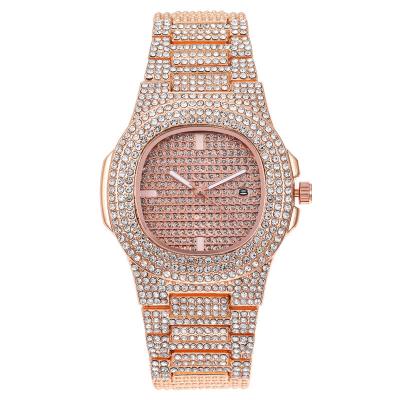 China Power reserve gold color date movement stainless steel case back sr626sw diamond stones lady czech moissanite watch for sale