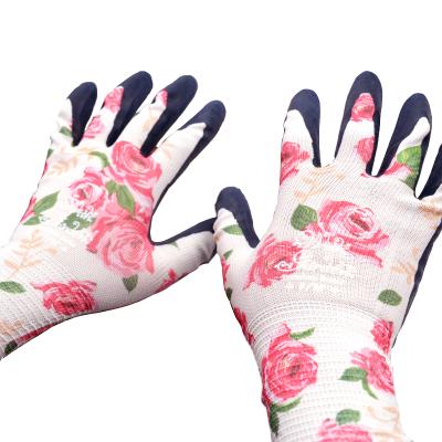 China Various Nylon Promotional Goods Using Pink Floral Printing Loral Cuff Gloves Floral Gardening for sale