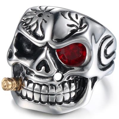 China Vintage Fashion Cool Punk Gold Bullet Stainless Steel Clear CZ Eye Skull Rings In Stock for sale