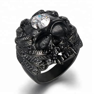 China Vintage Style Stainless Steel Feather Skull Mens Bands Polished Ring With Clear Black CZ In Stock for sale