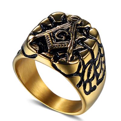 China Accent CLASSIC Black Freemason Masonic Freemason Gold Plating Secret Society Stainless Steel Mens Plumb Ring In Stock for sale