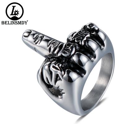 China Stainless Steel Vintage Style Stainless Steel Middle Finger Biker Rings For Men In Stock for sale