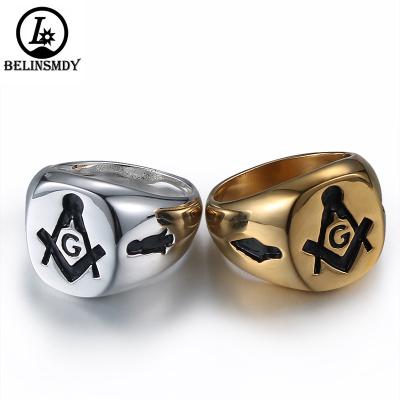 China FREEMASON NEW STAINLESS STEEL MEN&'S LUXURY GOLD BATTER MASONIC STAINLESS STEEL CYCLER RING in stock for sale