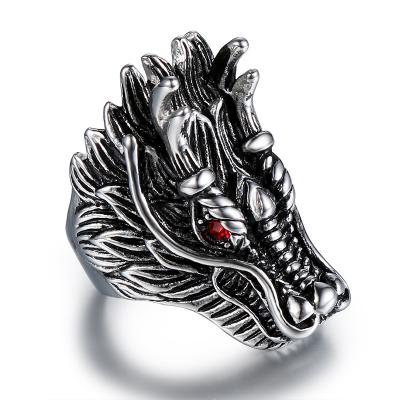 China Ethnic Gothic Cool Men Ring Vintage Steel Ring In Stock Heavy Dragon Head Rings Punk Biker for sale