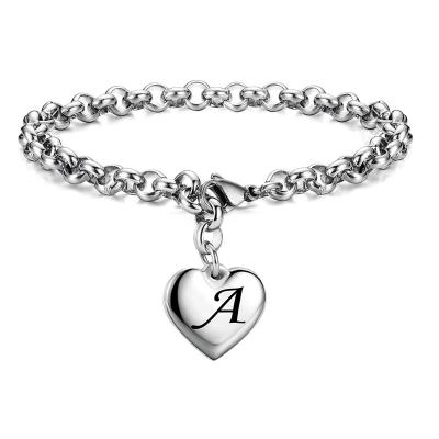 China TRENDY Initial Charm Bracelets Stainless Steel Heart 26 Letters Alphabet Bracelet For Women for sale