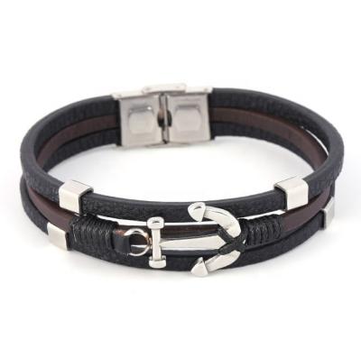 China Handmade Jewelry CLASSIC Mens Black Genuine Braided Anchor Engraved Leather Bracelet Clasp Magnetic Steel for sale