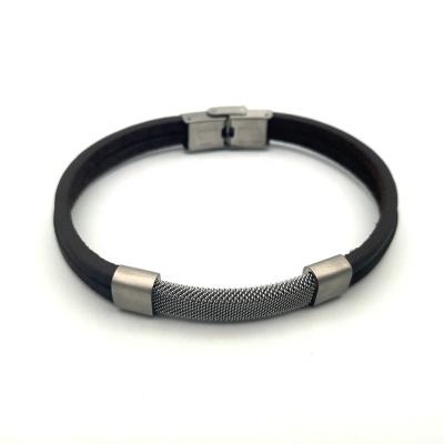 China Custom Stainless Steel LOGO Real Leather Bracelet Stainless Steel Braided Mesh Bar Charm Clasp End With Jewelry for sale