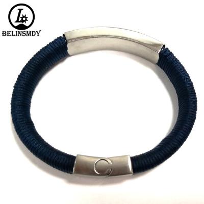 China Custom LOGO Unisex Wrapped Blue Cord Stainless Steel Bangle Leather Bracelet with Shiny Stainless Steel Charm Magnetic Clasp for sale