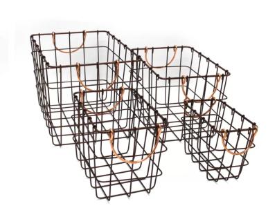 China Sturdy Fashionable Industrial Style Metal Wire Storage Baskets Durable Plated Matte Black Copper Handles Wire Toy Storage Basket Set for sale