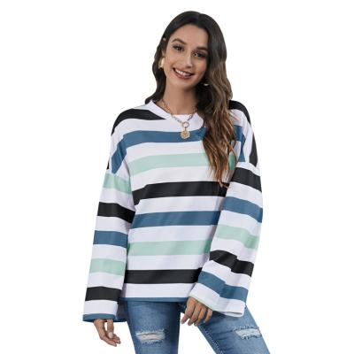 China European and American women's anti-pilling spring long sleeve O-neck stripe leisure multi-color digital printing T-shirt for sale