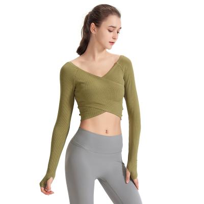 China ACTIVE STRETCH Waist Trim V-Neck Bottom Chest Bottoms Long Sleeve Elastic Back T-shirt Sports Running Fitness Top for sale