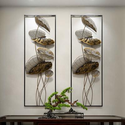 China Art Decor 2 Piece Metal Lotus Leaves Wall Decor with Black Rectangular Frame for sale