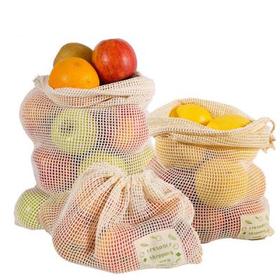 China 100% Eco-friendly Recyclable Small Cotton Fabric Product Mesh Drawstring Bags With Customized Reusable Logos for sale