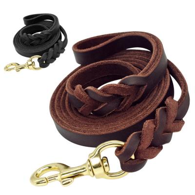 China Popular Pure Cowhide Heavy Duty Dog Collar Rope Leash With Strong Solid Brass Hook Clasp for sale