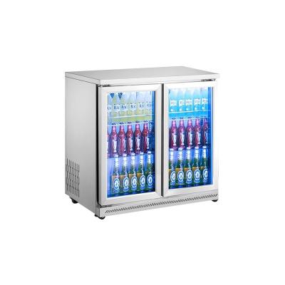 China Hotel Modern Double Glass Door Embossed Aluminum Cooler Compact Bar Beer Fridge Beer Bottle Cooler for sale