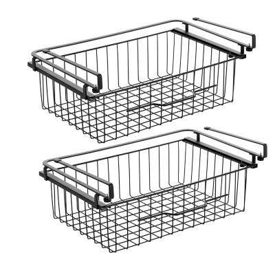 China OEM Modern Support Full Inspection 2 Pack Black Metal Wire Under Cabinet Shelf Storage Basket For Kitchen Wardrobe for sale