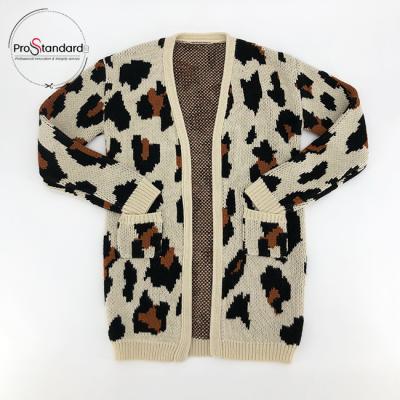 China Flexible Kids Winter Clothes Open Front Leopard Print Knitted Sweater Cardigan With Patch Pockets for sale