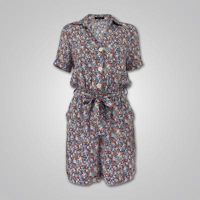 China 2021 Summer Floral Print Smocked Tie Waist Rompers Women Breathable Jumpsuit for sale