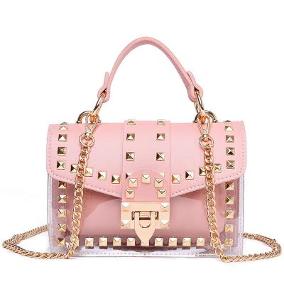 China Silicone Fashion Messenger Bag Chain Female Rivets Clear Square PVC Jelly Bag Shoulder Bag Transparent Handbag for sale