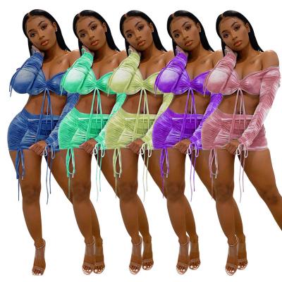 China 2020 Summer Breathable Sexy Crop Fashion High Cut V-Neckline Low Ruffles Long Sleeve and Drawstring Bodycon 2 Piece Skirt Sets for Women Clubwear for sale