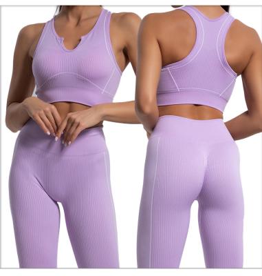 China Purple Seamless Woven Women's Yoga Clothes Hot Selling Body Fitness Sports Bra Pants Running Suit for sale