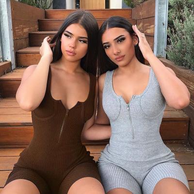 China Breathable Sexy V-Neck Zipper Zipper Bodycon Women Solid Color Summer Overalls Shorts One Piece Shorts for sale