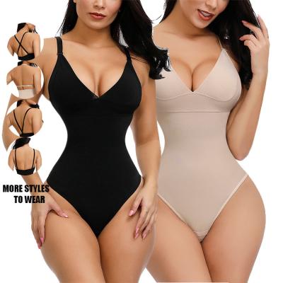 China Wholesale Antibacterial Antibacterial Sexy Slim Strappy Bodysuit Women's Seamless Thong Waist Trainer Backless Slimming Underwear V-Neck Lift Up Body Shaper for sale