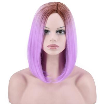 China Hot Selling Cheap Purple Straight Hairstyle Fashion European Middle Ombre Women Short Dangle Straight Heat Resistant Synthetic Hair Wig for sale