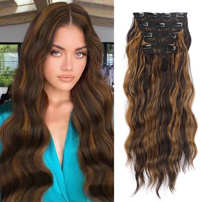 China Fashion Women Hair V-Tip Long Highlight Water Wave Hair Clip In Synthetic Hair Extensions Wig 4pcs/set Heat Resistant Hair Extensions for sale