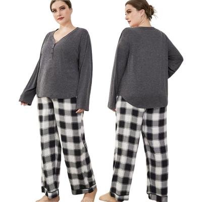 China Plus Size Breathable Black And Red Custom Artificial Cotton V Neck Plaids Long Sleeve Tops Nightgown Women Lady Women Sleepwear Pajamas for sale