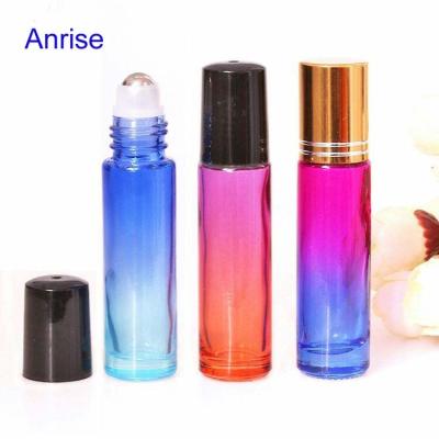 China Cosmetic 10ml Gradient Rainbow Color Thick Glass Roll On Bottle With Stainless Steel Metal Trackball for sale