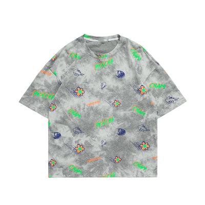 China 2022 Anti-Wrinkle Customized Washed Tie Dye Printed Short T Shirt Men's Round Neck Sleeve Cotton Drop Shoulder T-Shirt for sale