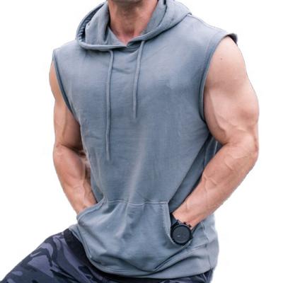 China Custom Muscle Print Cotton T-shirt Breathable Plain Hooded Men's Slim Fit Sleeveless Hoodies for sale