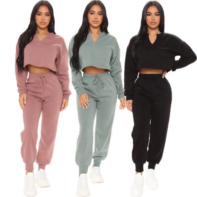 China Wholesale 2 Piece Simple Sports Wear Women Clothing Sets Anti-pilling Sexy Crop Top Jogging Sweat Suits for sale