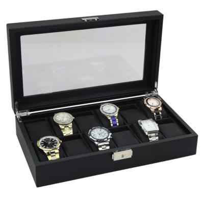 China High Quality Carbon Fiber 12 Slots Leather Watch Boxes With PU Leather Cushions And Black Watches Case Display for sale