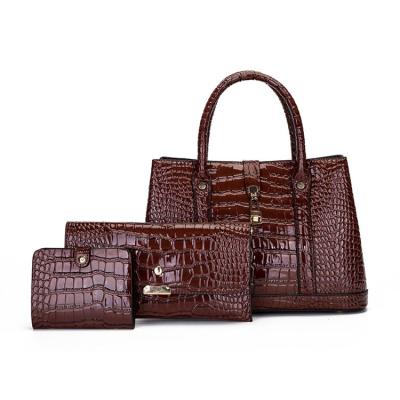 China Fashion 3 in 1 Wholesale Cheap High Quality Torba Damska Large Capacity Crocodile PU Ladies Handbags Set Clutch Purse Set for sale