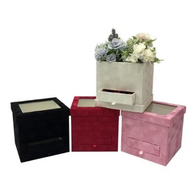 China Handmade Velvet Square Gift Flower Box With Drawer Luxury Packaging For Festival With Clear PVC Window for sale