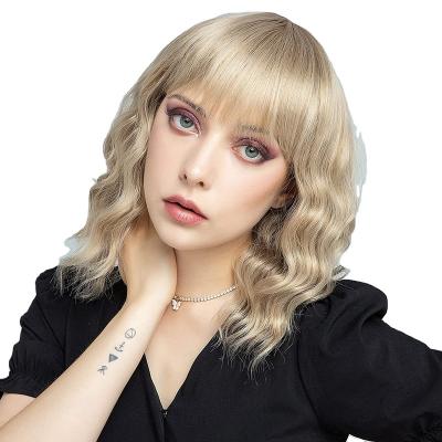 China Blonde Synthetic Hair Wig With Bangs Short Wavy Bob Wigs For Women Curly Heat Resistant Synthetic Cosplay Wig Vendor for sale