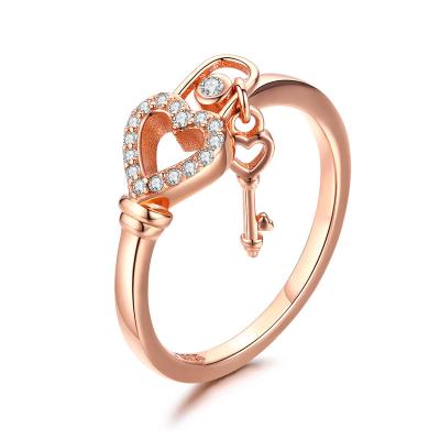 China Trend S925 Sterling Silver Plated Rose Gold Heart Shaped Lock And Key Adjustable Ring for sale