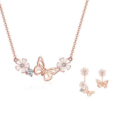 China Graceful New Design S925 Gold Plating Charming Silver Pink Butterfly With Flower Necklace Earrings Jewelry Set For Women for sale