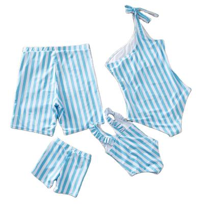 China Breathable New Design Blue White Stripes Family Logo Swimsuit Mom and Kids Custom Matching Swimwear for sale