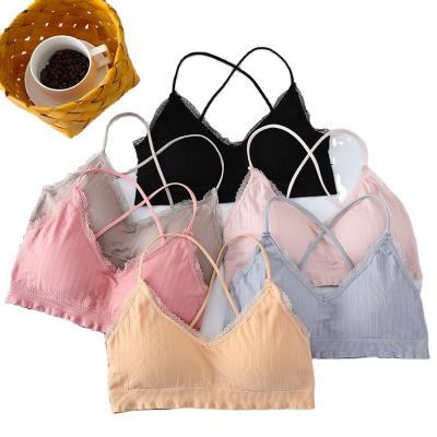 China New breast antibacterial hot tube style top girl through back wave stitch with oil heart strap vest fashion style seamless seamfree bra for sale